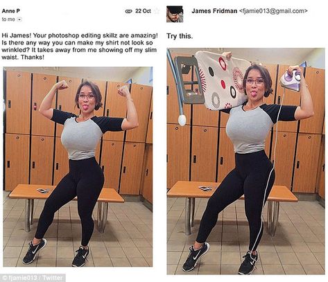 One woman attempting to show off her waist asks that James make her shirt less crinkled and so he equips her with an iron and ironing board James Fridman, Photoshop Edits, Photoshop Fail, Funny Photoshop, College Humor, Funny Pins, Funny Fails, Funny Posts, Funny Photos