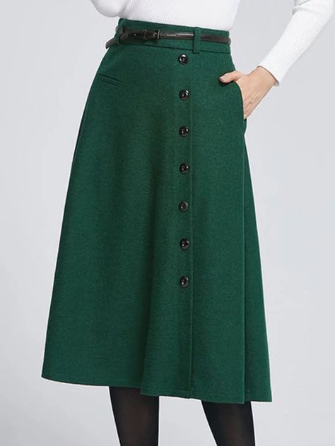 Wool Blend Skirts - JustFashionNow.com A Line Skirt Outfits, Rok Midi, Buttoned Skirt, Winter Skirt, Cotton Bottoms, Wool Skirt, Line Skirt, Vintage Elegant, Wool Skirts