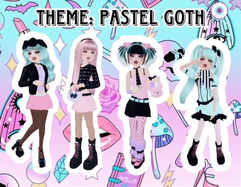 Four outfit inspirations for the Pastel Goth theme on dress to impress on roblox! All outfits by me <3 Dress To Impress Pastel Goth, Goth Theme, Pastel Goth Dress, Pastel Goth Outfits, Game Outfit, Dti Fits, Goth Dress, Goth Outfits, Gaming Clothes