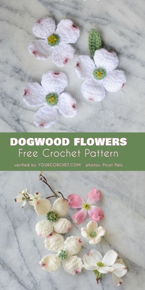 Dogwood Flowers Free Crochet Pattern Crochet Mini Flowers Free Pattern, Wildflower Blanket, Crochet Flower Pattern, Beau Crochet, Dogwood Flower, Crochet Appliques, Crochet Flowers Free Pattern, Confection Au Crochet, Dogwood Flowers