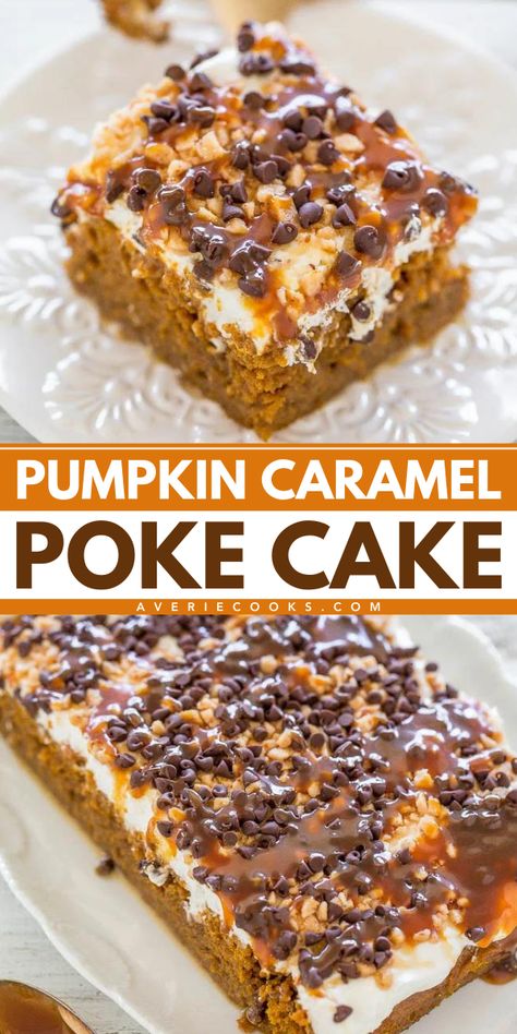 An easy fall recipe for the BEST Pumpkin Caramel Poke Cake! Made with condensed milk, two kinds of caramel sauce, toffee bits, chocolate chips, and more, this pumpkin cake is a total winner! Put this simple fall dessert on your pumpkin food ideas! Pumpkin Poke Cake Recipe, Best Pumpkin Cake, Caramel Poke Cake, Recipe With Caramel, Pumpkin Poke Cake, Poke Cake Recipe, Averie Cooks, Poke Cake Recipes, Spice Cake Mix