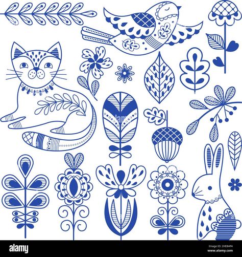 Download this stock vector: Blue folk finnish. Swedish design borders, ornament scandinavian folklore art. Rustic decor, nordic nature floral elements. Cat, bird and rabbit - 2HE84P4 from Alamy's library of millions of high resolution stock photos, illustrations and vectors. Scandinavian Tattoo, Scandinavian Folklore, Nordic Nature, Folklore Art, Scandinavian Textiles, Arte Folk, Scandinavian Pattern, Cat Bird, Design Motifs