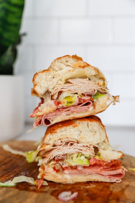 Italian Loaf Sandwiches, Viral Italian Grinder, Tiktok Grinder Sandwich, Tiktok Grinder, Italian Grinder Sandwich, Italian Sandwich Recipes, Italian Grinder, Hoagie Sandwiches, Salami Sandwich