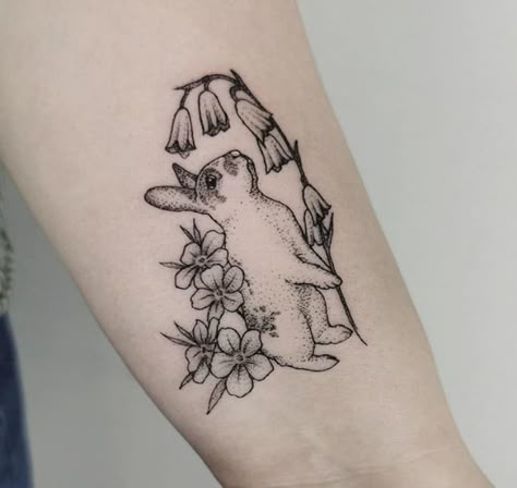 Small Woodland Creature Tattoo, Garden Animal Tattoo, Bunny And Flower Tattoo, Rabbit Flower Tattoo, Whimsical Bunny Tattoo, Rabbit Arm Tattoo, Bunny Mushroom Tattoo, Dutch Bunny Tattoo, Bunny Holding Flower Tattoo