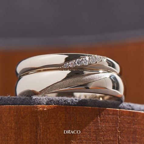 A timeless pair of wedding bands. ⁠ For the lady's ring, we added a row of diamonds that seamlessly follows the ring's contour—giving it a more feminine look to it.⁠ ⁠ While the gent's ring is crafted in full 18K champagne gold with a broader band. Wedding Ring For Bride And Groom, Wedding Band Sets His And Hers, Timeless Wedding Rings, Couples Wedding Rings, Wedding Ring Couple, Marriage Rings, Wedding Rings Sets His And Hers, Couple Bands, Alliance Ring