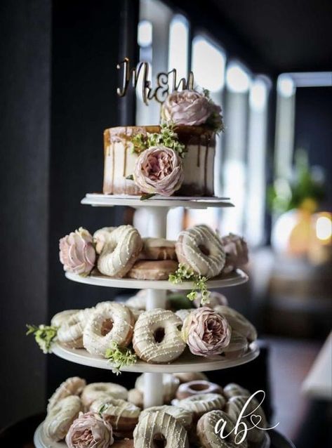 Donuts For A Wedding, Wedding Cake And Doughnut Display, 2 Tier Cupcake Stand, Doughnut Tier Cake, Donut Cake Stand Display, Donut For Wedding, Donuts Wedding Cake, Donut Wedding Cake Ideas, Mini Donut Wedding Display