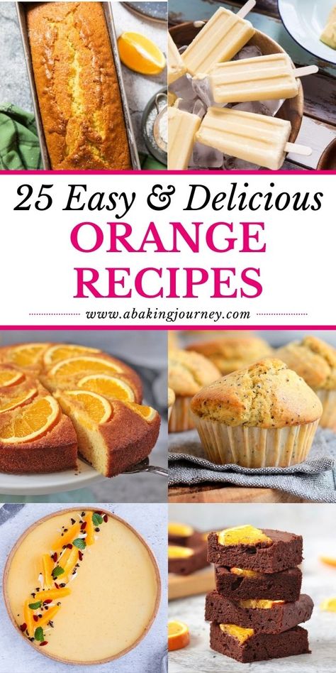 These 25 quick, healthy or easy orange dessert recipes are all the inspiration you need to bake with orange this Fall and Winter! These delicious simple recipes using fresh orange will give you ideas to bake for breakfast, cakes, desserts, sweet treats and orange chocolate desserts. What To Make With Oranges Simple, Desserts Using Fresh Oranges, Easy Orange Dessert Recipes, Orange Baked Goods, Recipes Using Fresh Oranges, Recipes With Fresh Oranges, Desserts With Oranges, Fresh Orange Desserts, Orange Recipes Healthy