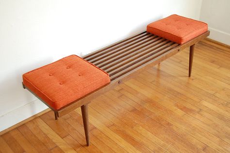 George Nelson Inspired Mid Century Modern Slatted by ljindustries Diy Furniture Legs Ideas, Slatted Bench, Nelson Bench, Mid Century Bench, Mid Century Modern Bench, Modern Room Divider, Contemporary Bench, Orange Cushions, Mcm Furniture