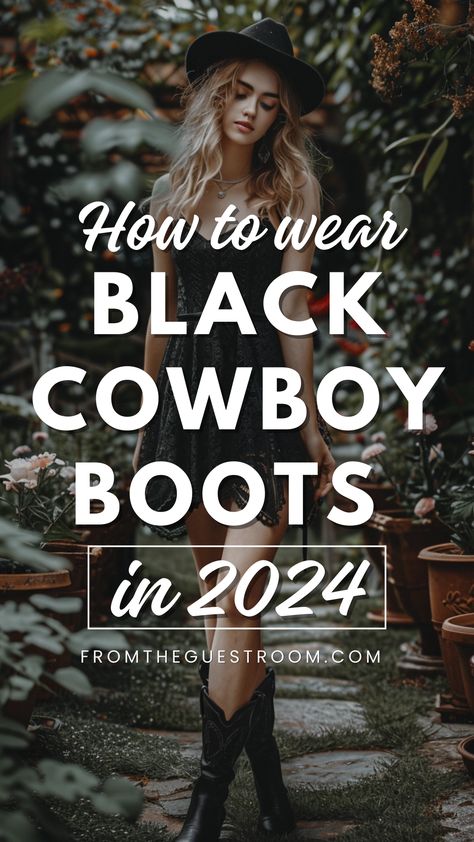 a woman wears black cowboy boots, western outfits Black Short Boots Outfit Fall, Black Dress With Black Cowboy Boots, Black Cowboy Boots Outfit Women, Black Jeans And Cowboy Boots Outfit, Black Western Booties Outfit, Western Outfits Women Black, Edgy Cowboy Boots Outfit, Outfits Black Cowboy Boots, Black Cowboy Boots Outfit Concert