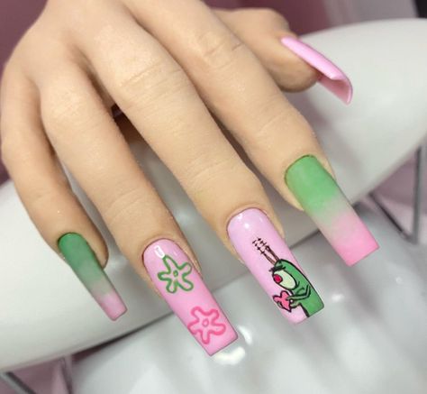 ARIA on Instagram: “Valentines Day Mood 🥺💗 #freehand #nailart #valentinenails #plankton #cartoonnails #acrylicnails #valentines #markhamnails #rediguana” Elegant Valentines Nails Designs, Plankton Valentines Day Nails, Cartoon Theme Nails, Plankton Nails, Spongebob Nails, Nails 2023 Trends, Disney Acrylic Nails, Drip Nails, Long Acrylic Nails Coffin