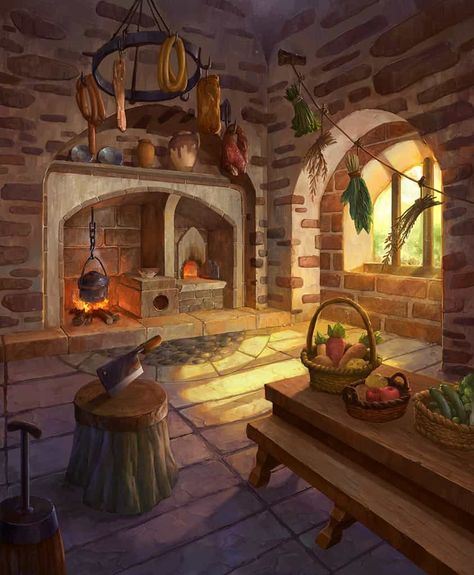 Fantasy Castle Interior Concept Art, Fantasy Kitchen Art, Fantasy Kitchen Concept Art, Kitchen Fantasy Art, Dnd Kitchen, Cottage Concept Art, Fantasy House Interior, Interior Concept Art, Fantasy Cottage