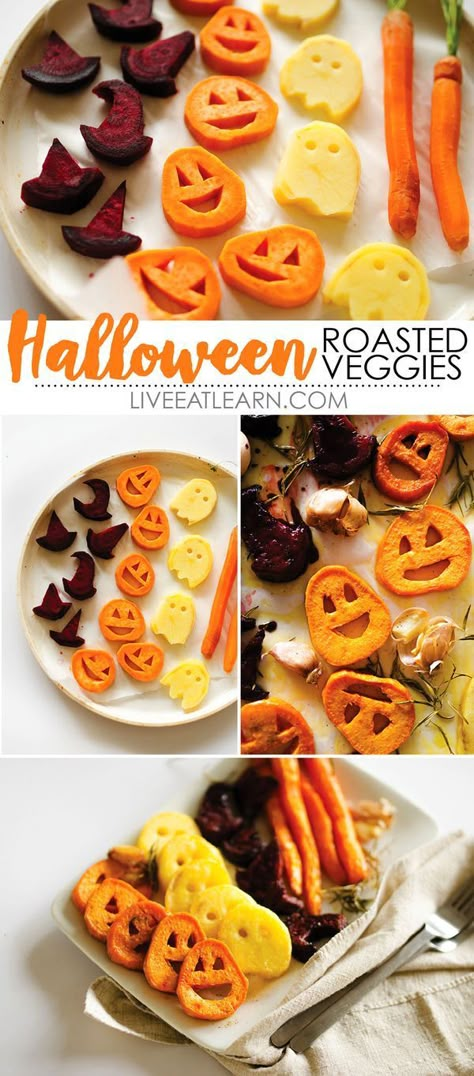 Awesome Halloween idea! With sweet potato jack-o-lanterns, beet root witch’s hats, and spooky potato ghosts, this Halloween Roasted Veggies recipe is a healthy way to celebrate this October! Perfect to serve for snack or as a side dish, vegan, gluten-free, and a dish the whole family will love. // Live Eat Learn Roasted Veggies Recipe, Halloween Appetizers Easy, Recetas Halloween, Halloween Food Dinner, Kids Halloween Food, Vegan Halloween, Halloween Fest, Party Appetizers Easy, Halloween Appetizers