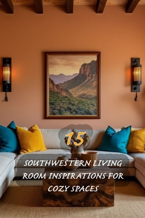 I'm loving this cozy southwestern living room! The warm earthy tones and bold pops of color in the cushions create such a welcoming vibe. The unique wooden coffee table adds a rustic touch, while the stunning landscape art invites a sense of tranquility. Perfect for anyone looking to infuse a bit of the Southwest into their home! Southwestern Modern Living Room, Southwest Fireplace Ideas, Southwestern Decorating Living Room, Southwest Living Room Decor, Southwest Inspired Living Room, Modern Southwest Living Room, Southwest Fireplace, Southwestern Living Room Ideas, Southwest Living Room