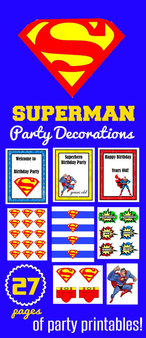 Superman Party Printables Superman Themed Birthday Party, Superman Birthday Party Decorations, Fun Birthday Party Activities, Superman Party Decorations, Superman Birthday Party Ideas, Birthday Ideas At Home, Birthday Party Activities For Kids, Superman Invitations, Birthday Party Decorating Ideas