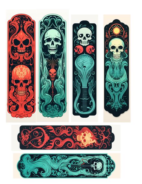 Spooky skull Halloween printable bookmarks - lot of 6 Cool Bookmarks Printable, Bookmark Art, Bookmark Ideas, Printable Bookmarks, Bookmark Printable, Skull Bookmark, Cool Bookmarks, Creative Wall Painting, Potion Labels