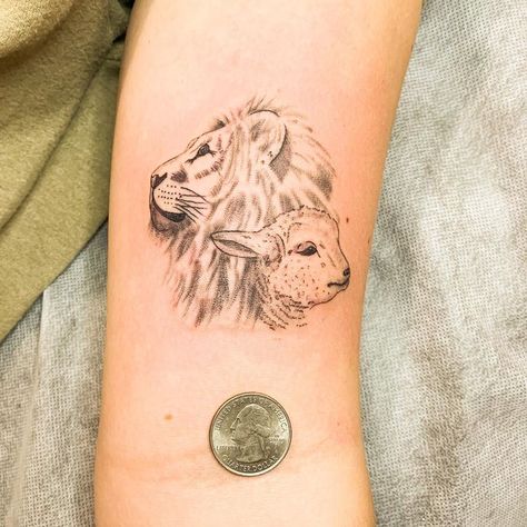 Lion And Lamb Tattoo Women Simple, Biblical Lion Tattoo For Women, Lion Lamb And Dove Tattoo, Lion Lamb Tattoo For Women, Half Lion Half Lamb Tattoo, Lion And The Lamb Tattoo For Women, Lamb And Lion Tattoo, The Lion And The Lamb Tattoo, Lion Christian Tattoo