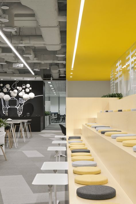 Workplace Design Office, Lego Office, Ceiling Office, Canteen Design, Break Area, Yellow Office, Open Ceiling, Grey Office, Airport Design