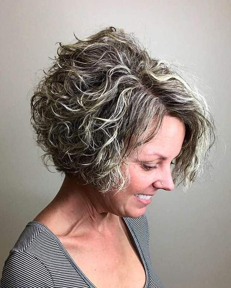 Inverted Bob Curly Hair Short, Inverted Bob Hairstyles Curly Hair, Inverted Bob Hairstyles For Curly Hair, Curly Hair Inverted Bob, Inverted Bob For Curly Hair, Natural Curly Inverted Bob Hairstyles, Short Bob Hairstyles For Curly Hair, Grey Low Lights, Short Stacked Bob Haircut Over 50 Curly Hair