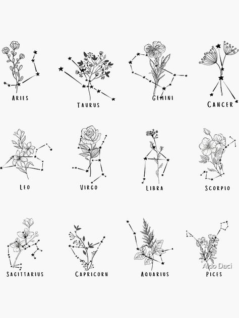 Birth Flower Star Sign Tattoo, Capricorn Flower Constellation Tattoo, Zodiac Matching Tattoos, Horoscope Flowers Tattoo, Flower And Constellation Tattoo, Minimalist Zodiac Tattoo, Capricorn Minimalist Tattoo, Birthflower Zodiac Tattoo, Libra Inspired Tattoos