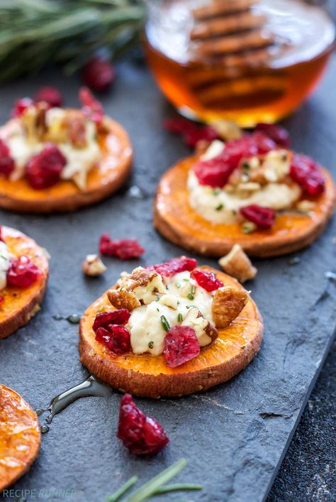 4 Ingredient Appetizers, Sweet Potato Bites Appetizer, Sweet Potato Goat Cheese Cranberries, Sweet Potato Crostini, Sweet Potato Bites, Sweet Potato Appetizer Recipes, Sweet Potato And Goat Cheese Recipes, Sweet Potato Rounds With Goat Cheese And Cranberries, Spiced Roasted Sweet Potatoes With Honey Whipped Goat Cheese