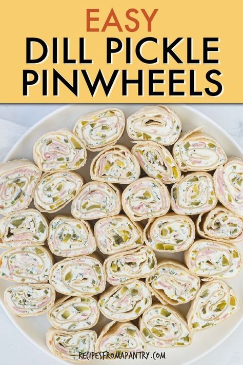 Need a delicious and easy snack or party appetizers? Try these Dill Pickle Pinwheels! They’re made with simple ingredients like ham, tortillas, dill pickles, and cream cheese. Perfect for picnics, lunchboxes, or party snacks or party food, these roll-ups are quick to make and always a hit with kids and adults. Whether you’re craving a tangy treat or a crowd-pleaser, this dill pickle pinwheel recipe - Pickle Roll Ups has you covered. #DillPickle #RollUps #appetizer #pinwheels Summer Food For A Crowd Party Ideas, Pinwheel Recipes Easy, Dill Pickle Roll Ups, Pickles And Cream Cheese, Dill Pickle Pinwheels, Pinwheel Snacks, Pickle Pinwheels, Appetizer Pinwheels, Rollups Appetizers