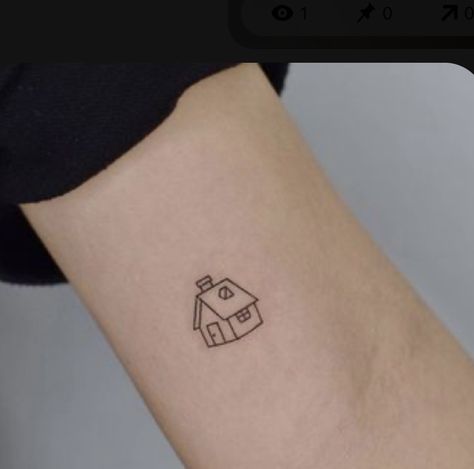 Treehouse Tattoo Simple, Home Tattoo Ideas Simple, Simple Home Tattoo, Mini House Tattoo, House Stamp Tattoo, Small House Tattoo Simple, House Fine Line Tattoo, Home Tatoos, Simple House Tattoo