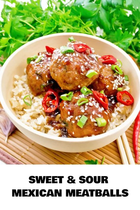 Sweet and sour Mexican meatballs served on rice garnished with green onions and red chili slices. Albondigas Soup Recipe Mexican, Albondigas Soup Recipe, Pork Mince Recipes, Mexican Meatball Soup, Mexican Meatballs, Albondigas Soup, Mexican Soup Recipes, Minced Beef Recipes, Ground Pork Recipes