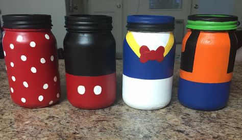 Disney Mason Jars, Painting Mason Jars Diy, Mickey Mouse Centerpiece Ideas, Mickey Mouse Centerpiece, Mickey Mouse Birthday Decorations, Mickey Mouse Themed Birthday Party, Jars Diy, Vacation Savings, Swap Meet