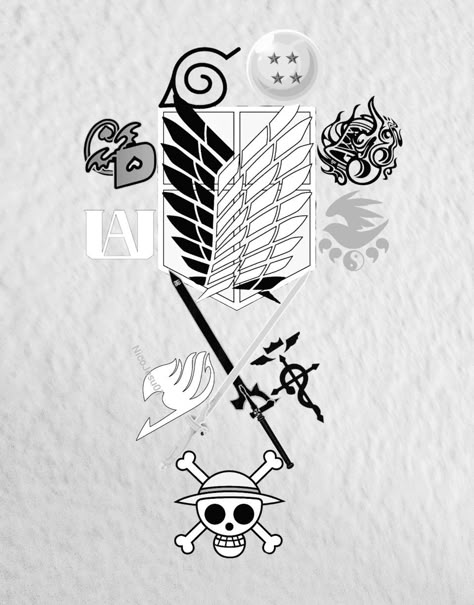 Collage de Anime como ejemplo para un tatuaje Animes: Naruto Dragon ball z High school DXD Danmachi Shingeki no kyojin Boku no hero Sekirei Sword art online Fairy Tail Full metal alchemist One piece Tatoos High School Dxd, Anime Logo Tattoo, Sao Tattoo Ideas, Anime Collage Tattoo, Anime Symbols Tattoo, Full Metal Alchemist Tattoo Ideas, Shingeki No Kyojin Tattoo, Full Metal Alchemist Tattoo, Fairy Tail Tattoo