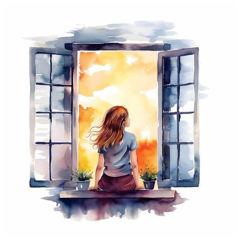 Vector girl standing at the window water... | Premium Vector #Freepik #vector #illustrations #digital-art #watercolor-girl Girl Watercolor Painting, Window Watercolor, Vector Girl, Bookmarks Diy, Mini Watercolor, Illustrations Digital, Window Drawing, Watercolor Girl, Handmade Bookmarks