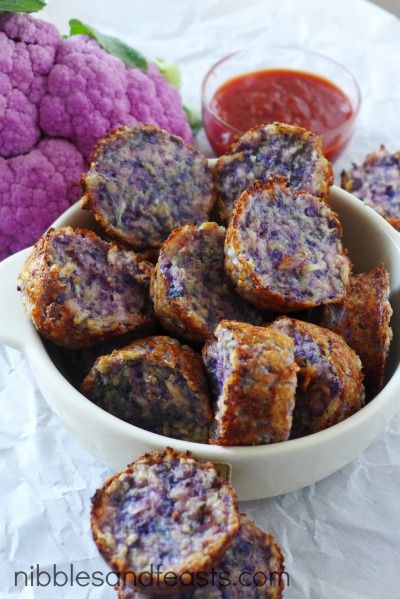 Purple parmesan cauli-tots.  Baked, not fried!  @Mama Francesca Multi Colored Cauliflower Recipes, Purple Appetizers, Purple Food Ideas, Purple Foods For Party, Purple Cauliflower Recipe, Cauli Tots, Cauliflower Baked, Cauliflower Tots, Purple Cauliflower