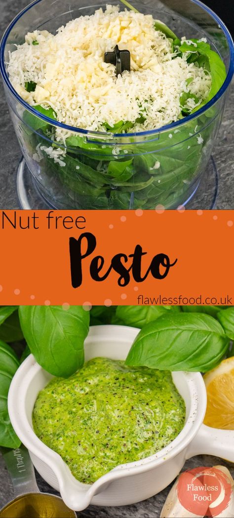 A nut free pesto recipe, perfect for those with nut allergies. Made similar to a traditional Italian green pesto. Using fresh basil, parmesan, garlic, extra virgin olive oil and lemon seasoned with salt and pepper it's a pesto without pine nuts that's still full of flavour. Makes enough for a pasta basil sauce to serve 4 -6 people.See blog post for storage and freezing tips. Basil Pesto Recipe Without Pine Nuts, Nut Free Pesto Recipe, Using Fresh Basil, Diy Pesto, Pasta Basil, Pesto Basil, Nut Free Pesto, Pesto Sauce Recipe, Homemade Pesto Recipe