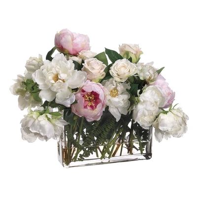 Silk Peonies Arrangement, Greenery Plants, Peony Arrangement, Rose Floral Arrangements, Artificial Floral Arrangements, Clear Vase, Contract Design, Glass Centerpieces, Rose Arrangements