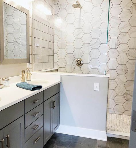 Hexagon tile in bathroom shower Hexagon Tile Bathroom Shower Wall Accent, Hexagon Tile In Shower Wall, Hexagon Tiles Shower Wall, White Hexagon Tile Bathroom Floor Shower Subway On Walls, Honey Comb Tile Bathroom Wall, Shower Tile Ideas Hexagon, Honeycomb Tile Shower Wall, Hex Shower Wall, Hex Tile Shower Wall