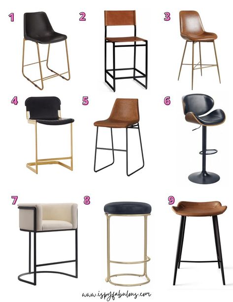 Leather and faux leather bar stools are chic, comfortable and super easy to clean. For 9 chic styles that would go with any home decor style, check out these 9 leather bar stools. #kitchendecor #kitchenisland #barstools Bar Stools Low Back, Faux Leather Bar Stools Kitchen Island, Brown Leather Barstools In Kitchen, Modern Barstools In Kitchen With Backs, Faux Leather Counter Stools, Leather Stools For Kitchen Island, Faux Leather Bar Stools, Leather Bar Stools Kitchen Island, Leather Island Stools