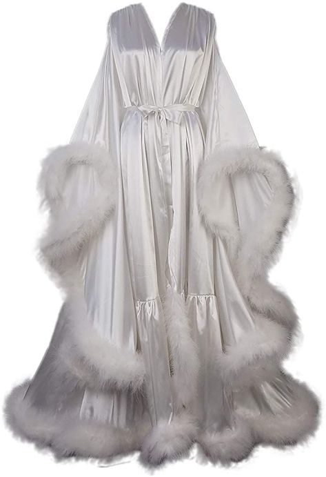 Old Hollywood Feather Robe Sexy Boudoir Robe Feather Bridal Robe Satin Long Wedding Scarf New Custom Made (L, Blush Pink) at Amazon Women’s Clothing store Fancy Robes, Satin Bridal Robe, Pijamas Women, Feather Fringe, Hollywood Vintage, Wedding Scarf, Luxury Robes, Bridal Robe, Wedding Robe