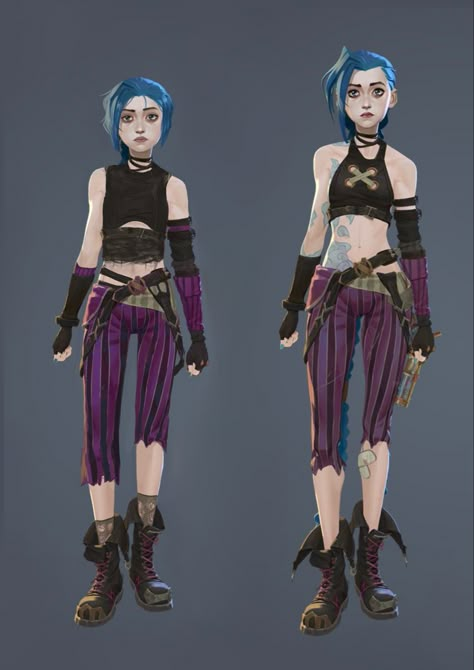 The evolution of Jinx (Arcane) Arcane Jinx Inspired Outfits, Arcane Style Character, Jinx Outfit Arcane, Jinx Arcane Character Sheet, Grown Up Powder Arcane, Jinx Top Pattern, Jinx Silhouette, Jinx New Design, Jinx Arcane Design