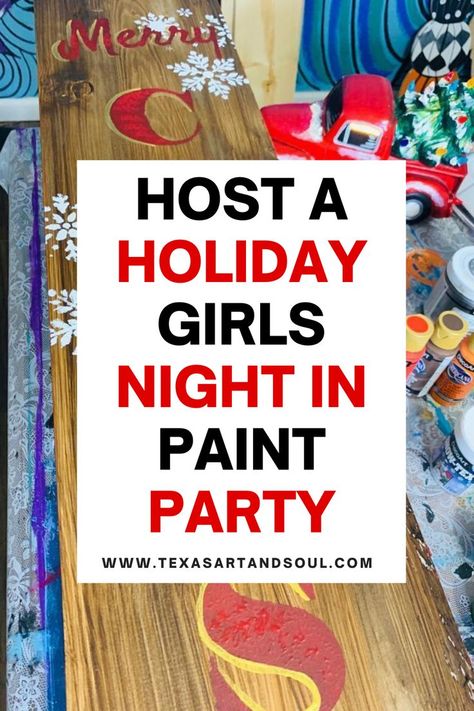 The holiday season can be so busy that many of us often feel depleted rather than joyful. It's filled with parties for work and school, and family gatherings. All that celebrating can leave you feeling more worn out than filled with Christmas cheer. I have an idea that will help. Host a Christmas paint party! I'm sure the thought of hosting anything “extra” during the holiday season may seem like too much to add to your plate. But, I promise, it’s easier to do than you think! Paint Night Snacks, Christmas Crafting Party Ideas, Paint Party Ideas For Adults Decorations, Christmas Group Painting Ideas, Christmas Paint Night Ideas Step By Step, Holiday Paint Party Ideas, Girls Night Holiday Craft, Christmas Paint Party Ideas Canvases, Girls Night Crafts Christmas