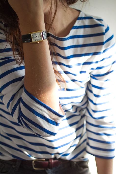 Cartier Tank Outfit, Cartier Tank Watch, Cartier Tank Solo, Breton Top, Tank Watch, Parisienne Chic, Cartier Tank, Cartier Watch, Minimalist Chic