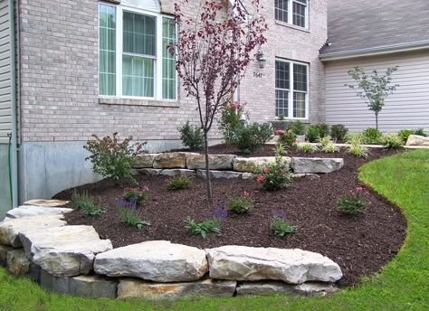 Sloped Front Yard, Boulder Retaining Wall, Sloped Yard, Small Front Yard Landscaping, Landscaping With Boulders, Landscaping Retaining Walls, Budget Ideas, Front Landscaping, Rock Garden Landscaping