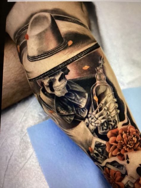 Mexican Gunslinger Tattoo, Skull Sombrero Tattoo, Chicano Arm Sleeve, Charra Tattoos Mexican, Charro Skull Tattoo, Charro Tattoo Design, Charro Tattoo, Mexican Tattoo Ideas For Men, Mariachi Tattoo