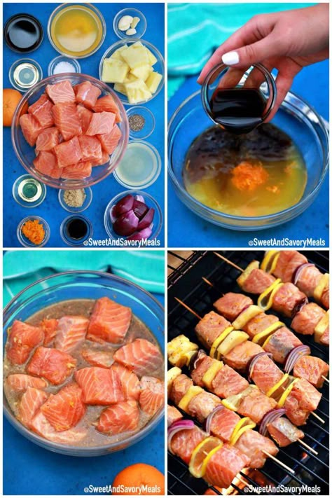 Grilled Salmon Skewers [Video] - Sweet and Savory Meals Salmon Kabobs, Salmon Skewers, Bbq Salmon, Sauce For Salmon, Kebabs On The Grill, Savory Meals, Kabob Recipes, Skewers Grill, Skewer Recipes