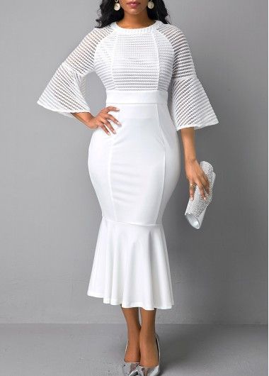 Keyhole Neckline Ruffle Trim Mesh Panel Velvet Dress | Rotita.com - USD $34.76 White Mermaid Dress, Latest Dress For Women, White Flares, Flare Sleeve Dress, Fashion Dresses Online, Moda Chic, Club Party Dresses, White Dresses, Mermaid Fashion