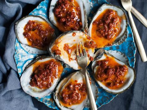 Grilled Oysters with Chorizo Butter Chorizo Butter, Grilled Squash, Grilled Seafood Recipes, Grilled Oysters, Shell Fish, Oyster Recipes, Seafood Paella, Shrimp Dinner, Grilled Seafood