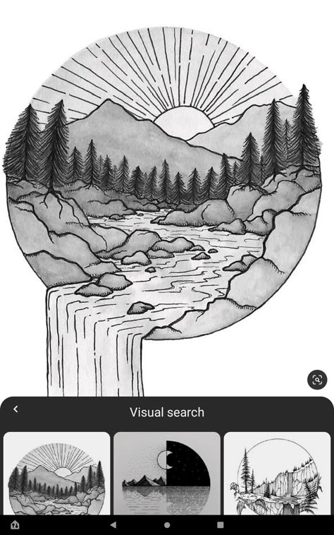 Forrest Drawing Simple, Sketch In Circle, Yin And Yang Nature Tattoo, Circular Drawings, Scenery In A Circle Drawing, Mountain Circle Drawing, Yin Yang Landscape, Circle Drawings, Circle Landscape