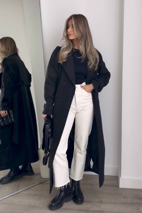 Black Oversized Formal Coat curated on LTK Jeans Outfit Rainy Day, Winter Bar Outfits, Bar Outfit Winter, White Pants Outfit Winter, Night Out Outfit Bar, Bar Outfit Ideas, White Jeans Outfit Winter, White Pants Winter, Rainy Day Outfit For Work