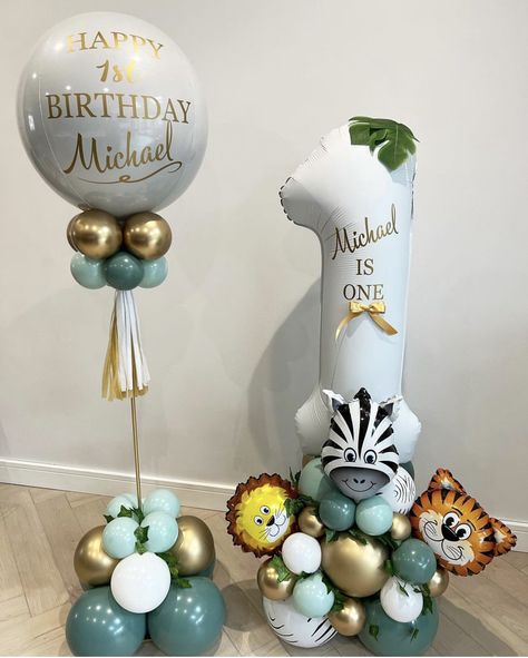 Balloon Stack, Safari Birthday Party Decorations, Safari Balloon, Boys First Birthday Cake, Animal Balloons, First Birthday Balloons, Balloon Tower, 1st Birthday Balloons, Boys First Birthday Party Ideas