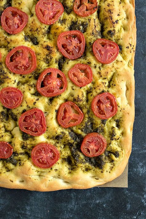 Tomato Pesto Focaccia - CPA: Certified Pastry Aficionado Pesto Focaccia, Focaccia Dough, Homemade Focaccia, Savory Bread Recipe, Foccacia Bread, Pizza Bianca, Pecorino Romano Cheese, Pecorino Romano, White Pizza