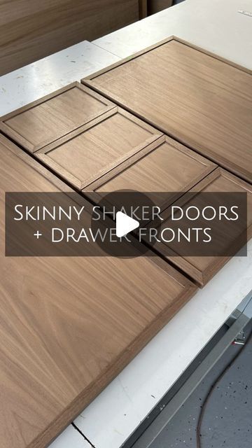 Natalie Park | DIY, Builds & Design on Instagram: "The skinny shaker style doors and drawer fronts are officially assembled for this walnut vanity! 😍 I’m in LOVE. What do you think?!   The stiles and rails are solid walnut ripped down to 3/4” in width (and they’re 7/8” thick) and the center panel is 3/4” walnut veneered plywood. This leaves the perfect little lip to create the skinny shaker look! All the corners are mitered too so it looks 🤌🏼✨  Since the stiles and rails are so skinny and almost like trim, I used wood glue to assemble these doors and drawer fronts and clamped them with miter pin clamps and regular clamps until the glue fully dried. I made sure everything was laying perfectly flat and flush on the backside.   We’re choosing the finish color soon for this custom walnut va Cnc Kitchen Cabinets, Types Of Cabinet Door Styles, Flat Kitchen Cabinet Doors, Flat Front Kitchen Cabinets, Flush Cabinet Doors, Flat Cabinet Doors, Diy Shaker Cabinet Doors, Slim Shaker Cabinet, Diy Shaker Cabinets