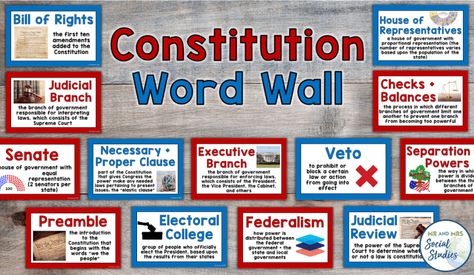 This printable and editable US Constitution Word Wall is a must when teaching your Constitution unit! This United States Constitution Word Wall can perfectly supplement your Constitution lessons and Constitution activities for middle school or high school students! The cards come two to a page, and there are colored or black and white versions. Click to see which words are included in this Constitution Word Wall! #constitution #mrandmrssocialstudies Civics Poster Ideas, Constitution Day Activities Middle School, Middle School Social Studies Bulletin Board Ideas, Teaching The Constitution Middle School, Government Lessons High School, Us Constitution Activities, High School Social Studies Bulletin Boards, Government Bulletin Board Ideas, Us History Bulletin Boards High Schools